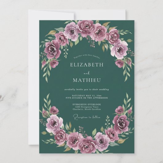 Invitation Mariage Romantique Vert Émeraude Maussade (Devant)