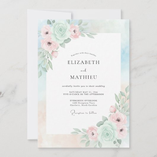 Invitation Mariage Romantique Vert Menthe (Devant)