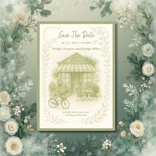 Invitation mariage romantique vert sauve la date