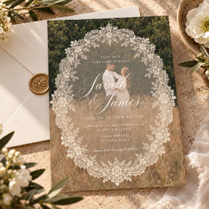 Invitation Mariage romantique vintage avec dentelle et photo