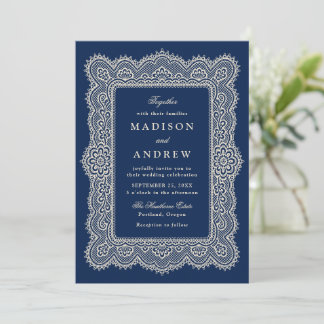 Invitation Mariage romantique vintage bleu marine dentelle
