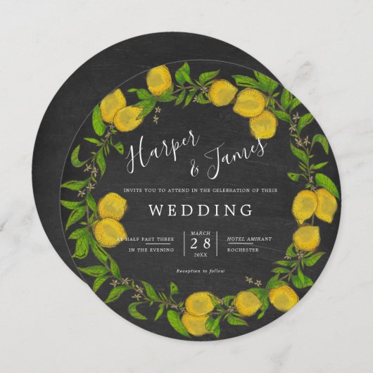 Invitation Mariage rond citron d'aquarelle (Devant / Derrière)