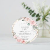 Invitation Mariage Rond Fleurs Rose Pâle et Feuillage Doré (Debout devant)