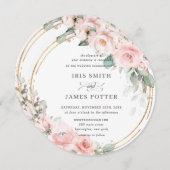 Invitation Mariage Rond Fleurs Rose Pâle et Feuillage Doré (Devant / Derrière)