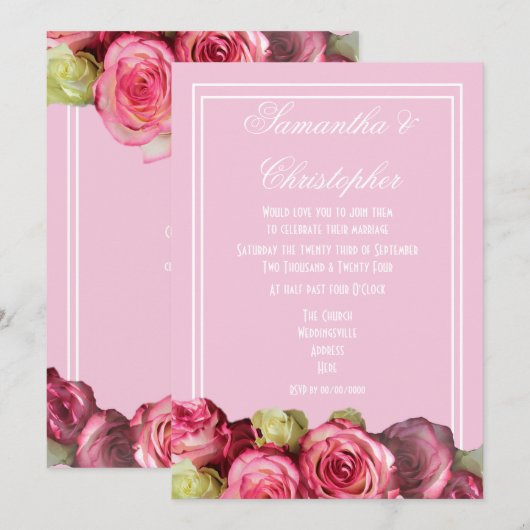 Invitation mariage rose à fleurs de bordure rose (Devant / Derrière)
