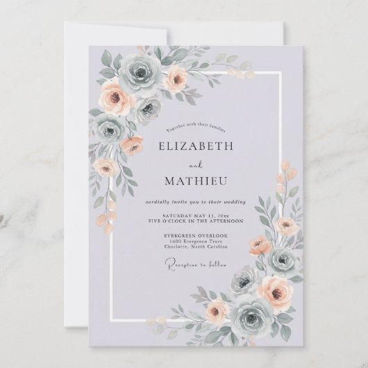 Invitation Mariage Rose Abricot Pervenche Poussiéreuse (Devant)