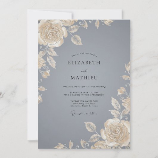 Invitation Mariage Rose Acier Gris Champagne (Devant)