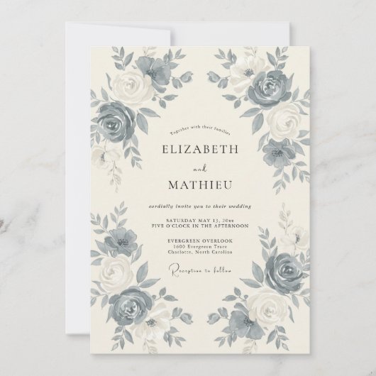 Invitation Mariage Rose Antique Ardoise Acier (Devant)