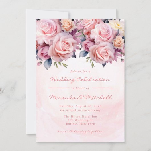 Invitation Mariage Rose aquarelle (Devant)