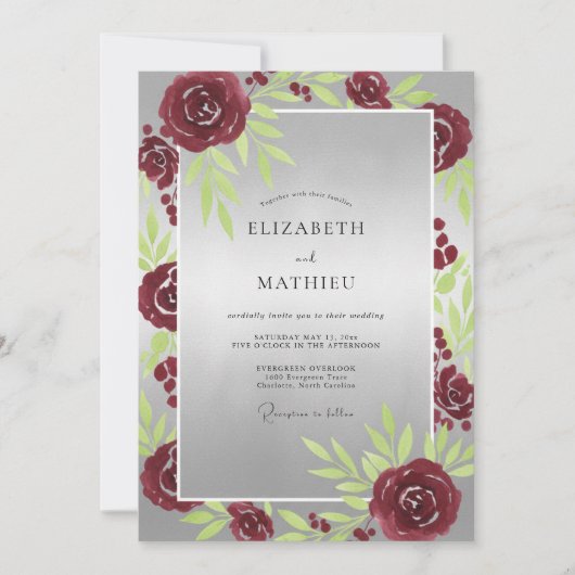 Invitation Mariage Rose Argent Cramoisi (Devant)