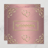 Invitation Mariage Rose avec des Cœurs en Or (Devant / Derrière)