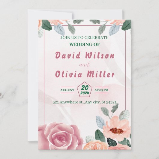 Invitation Mariage rose avec fleurs d'aquarelle, feuille (Devant)