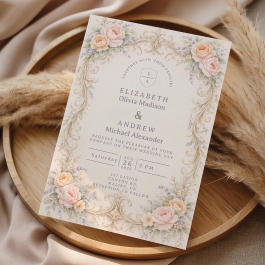 Invitation Mariage Rose Baroque Pêche Rosée