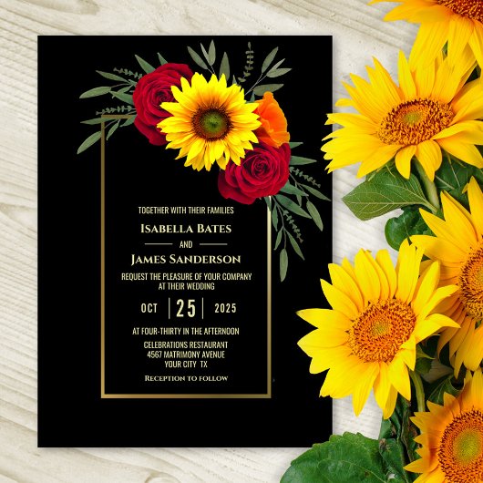 Invitation Mariage Rose Black Gold Sunflower Bourgogne
