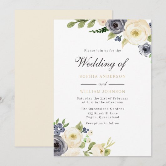 Invitation Mariage Rose blanc et marine (Devant / Derrière)