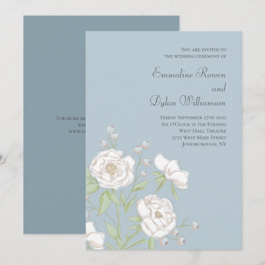 Invitation Mariage Rose Blanche Bleu Poussiéreux (Devant / Derrière)