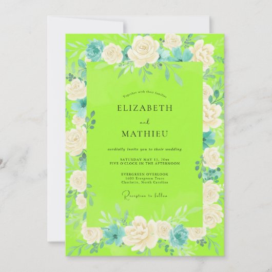 Invitation Mariage Rose Blanche Chartreuse (Devant)