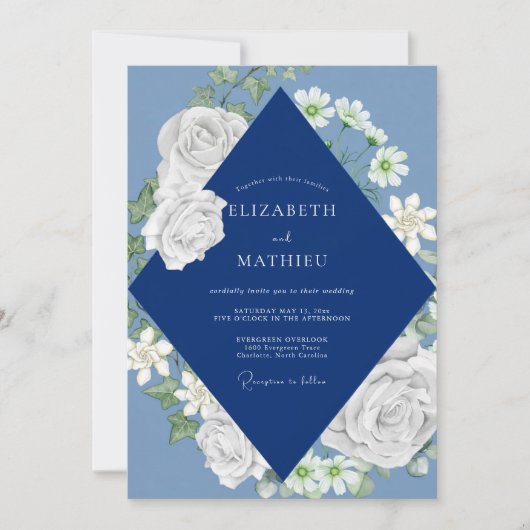 Invitation Mariage Rose Blanche Navy (Devant)