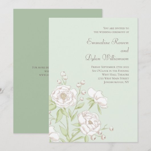 Invitation Mariage Rose Blanche Vert Sauge (Devant / Derrière)