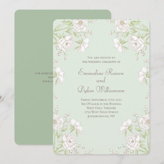Invitation Mariage Rose Blanche Vert Sauge (Devant / Derrière)
