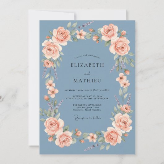 Invitation Mariage Rose Bleu Acier (Devant)