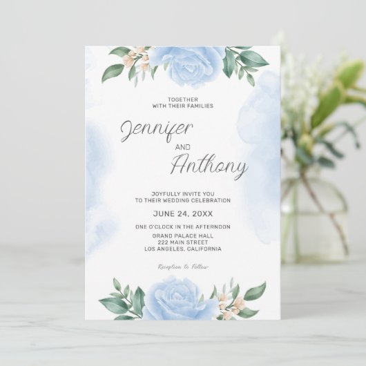 Invitation Mariage Rose bleu aquarelle (Debout devant)