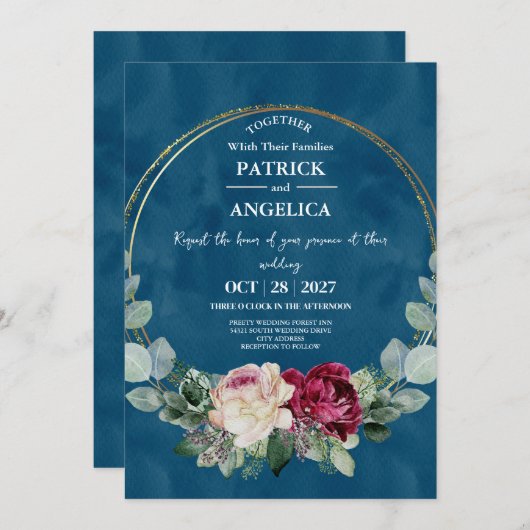 Invitation Mariage rose bleu bleu de la marine moderne (Devant / Derrière)