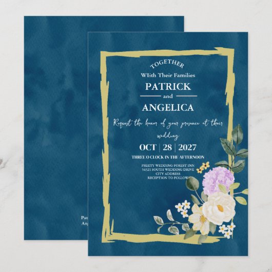 Invitation Mariage rose bleu bleu de la marine moderne (Devant / Derrière)