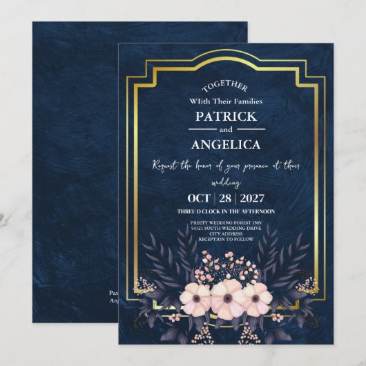 Invitation Mariage rose bleu bleu de la marine moderne (Devant / Derrière)