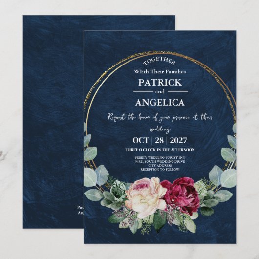 Invitation Mariage rose bleu bleu de la marine moderne (Devant / Derrière)