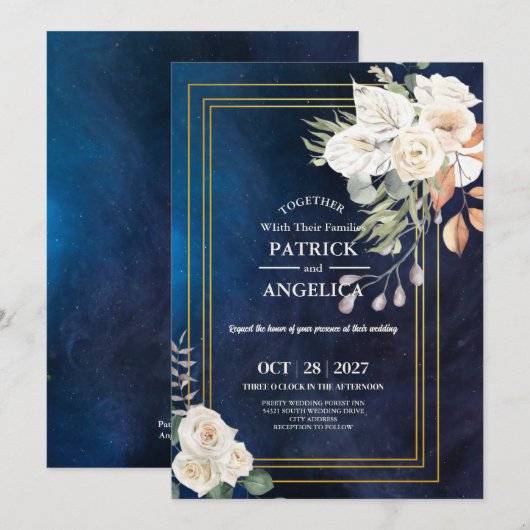 Invitation Mariage rose bleu bleu de la marine moderne (Devant / Derrière)