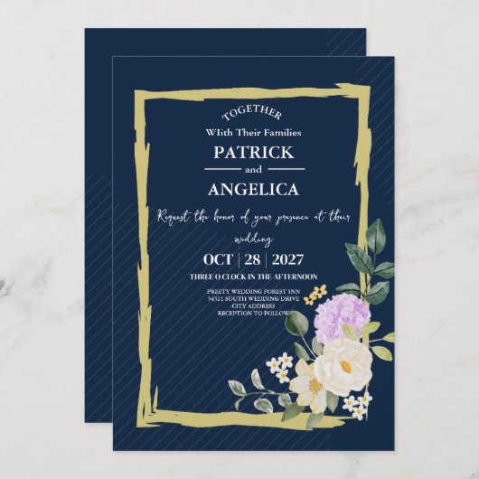 Invitation Mariage rose bleu bleu de la marine moderne (Devant / Derrière)