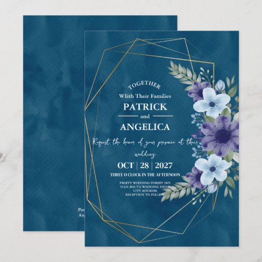 Invitation Mariage rose bleu bleu de la marine moderne (Devant / Derrière)