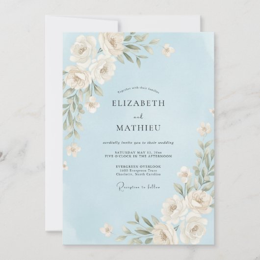 Invitation Mariage Rose Bleu Ciel (Devant)