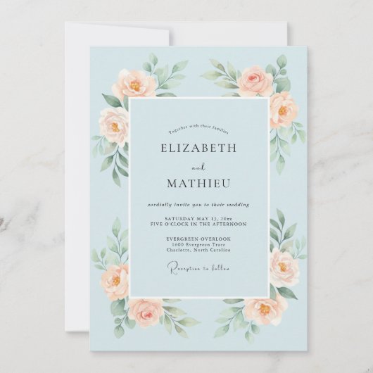 Invitation Mariage Rose Bleu Ciel de Style Impressionniste (Devant)
