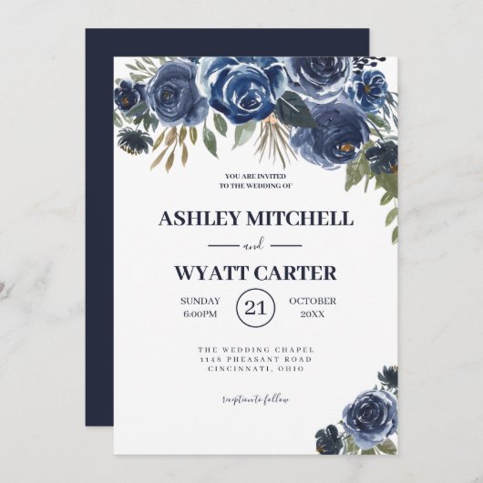 Invitation Mariage Rose bleu foncé (Devant / Derrière)