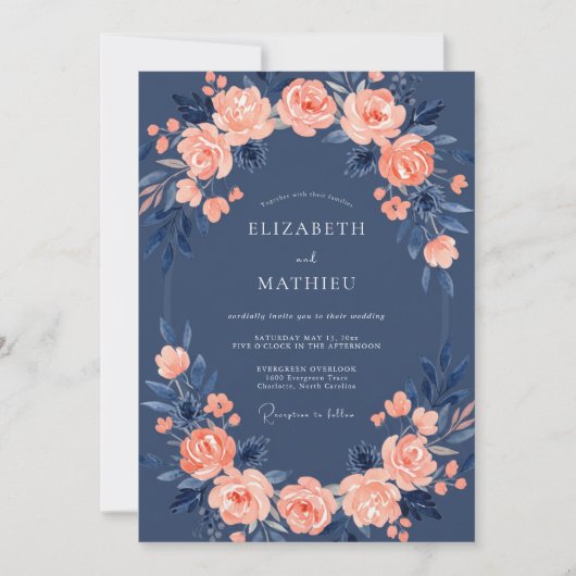 Invitation Mariage Rose Bleu Marine (Devant)