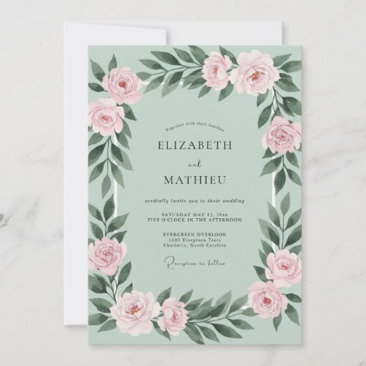 Invitation Mariage Rose Blush Menthe (Devant)