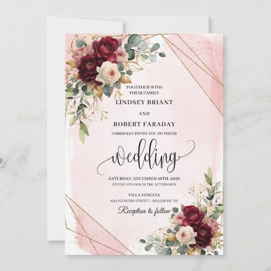 Invitation Mariage Rose Boho Dark Red White Gold (Devant)
