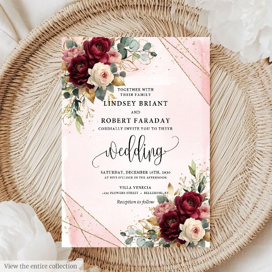 Invitation Mariage Rose Boho Dark Red White Gold