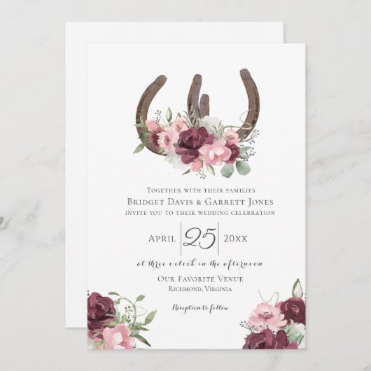 Invitation Mariage rose bordeaux floral (Devant / Derrière)