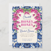 Invitation Mariage Rose Bougainvillée Carrelage Bleu (Devant)