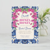 Invitation Mariage Rose Bougainvillée Carrelage Bleu (Debout devant)