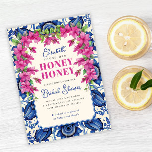 Invitation Mariage Rose Bougainvillée Carrelage Bleu