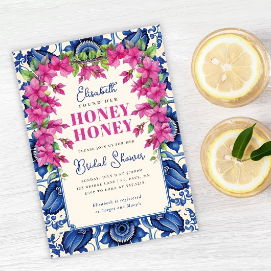 Invitation Mariage Rose Bougainvillée Carrelage Bleu