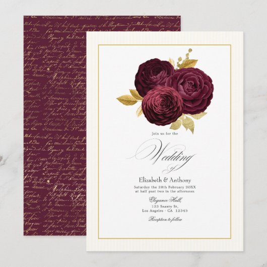 Invitation Mariage Rose Bourgogne et Or (Devant / Derrière)