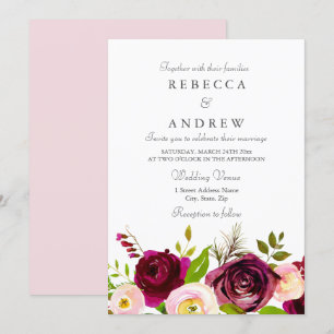 Invitation Mariage rose Bourgogne & Fleurs rousses Inviter
