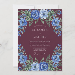 Invitation Mariage Rose Bourguignonne Luxuriante Bleue