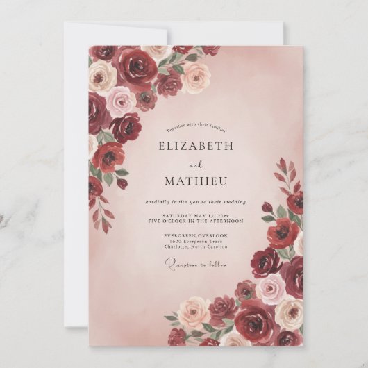 Invitation Mariage Rose Bourguignonne Rosée (Devant)