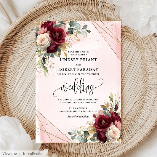 Invitation Mariage Rose brillant Boho Deep Red